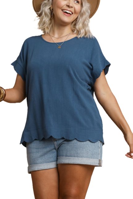 Plus Scallop Hem Linen Blend Top