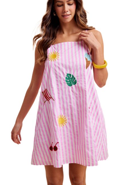 Summer Vibes Embroidery Patch Striped Mini Dress