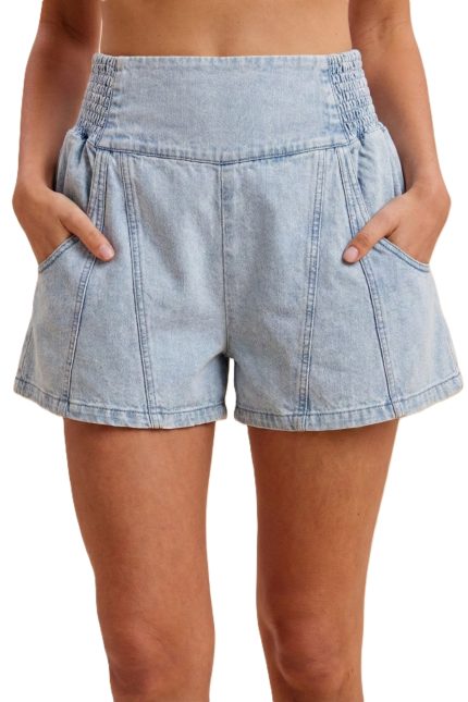 Lightweight Denim Smocked Yoke Detail Shorts