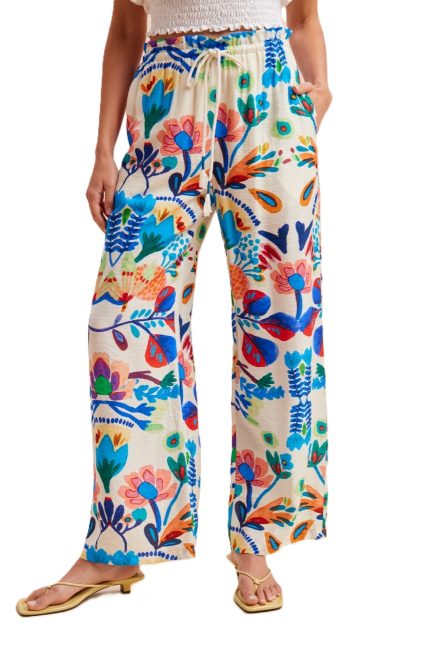 Tropical Print Woven Wide-leg Pants With Rope Drawstring