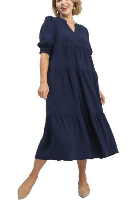 Plus Solid V-neck Tiered Midi Dress