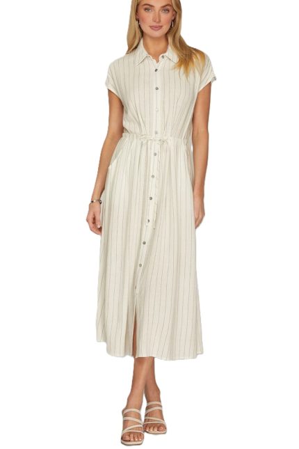 Drop Sleeve Woven Stripe Button Down Midi Dress