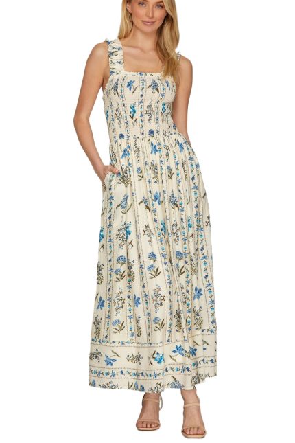 Woven Print Smocked Maxi Dress