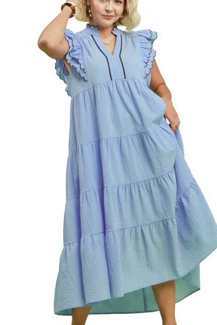 Plus Seersucker Ruffle Sleeve Tiered Midi Dress
