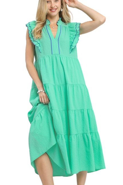 Seersucker Ruffle Sleeve Tiered Midi Dress