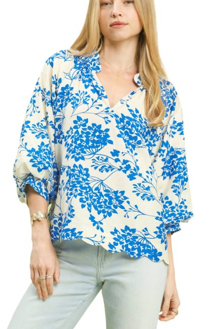 Cherry Blossom Print Scalloped Hem Blouse