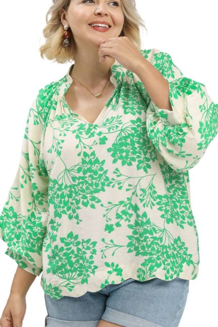 Plus Cherry Blossom Print Scalloped Hem Blouse