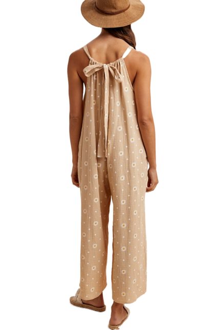 Daisy Print Cotton Gauze Wide Leg Jumpsuit