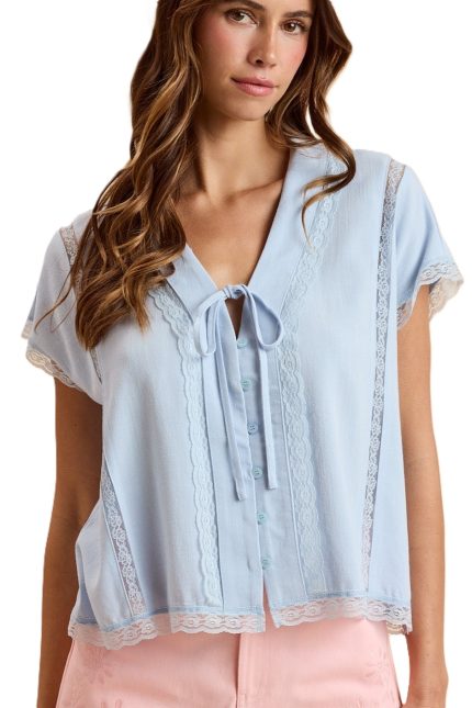 Linen Tie- Front Oversized Top With Lace Accent