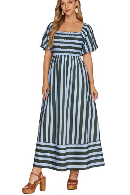 Smocked Top Striped Midi Dress