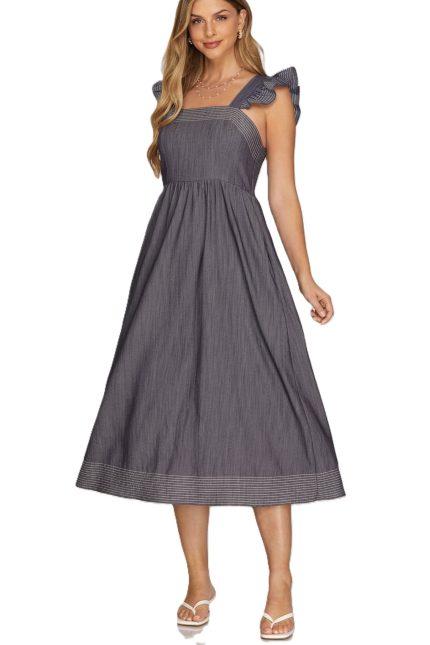 Ruffled Shoulder Strap Square Neck Woven Midi Dress