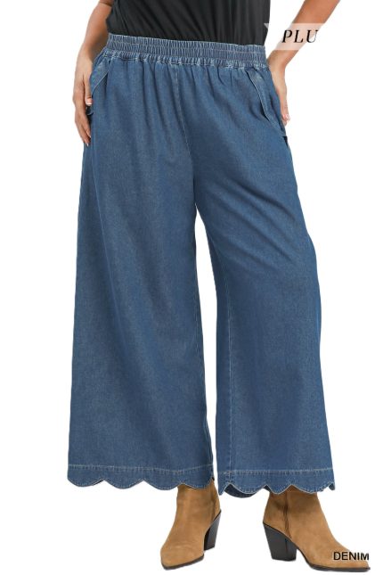 Plus Chambray Scalloped Hem Pants
