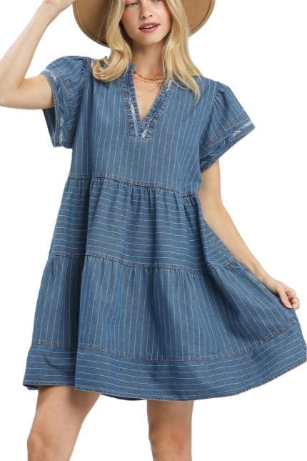 Chambray Tiered Babydoll Dress