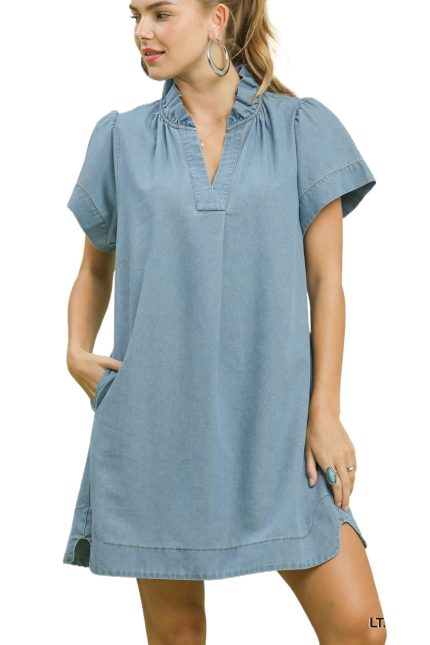 Denim Ruffle Collar Mini Dress