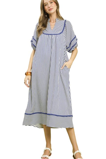 Striped Puff Sleeve Midi Dress