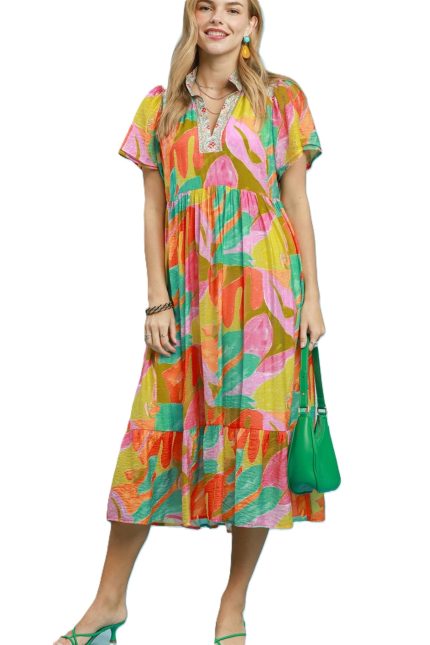 Abstract Tropical Print Tiered Midi Dress
