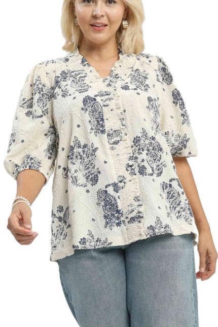 Plus Floral Embroidered Blouse With Ruffle Trim