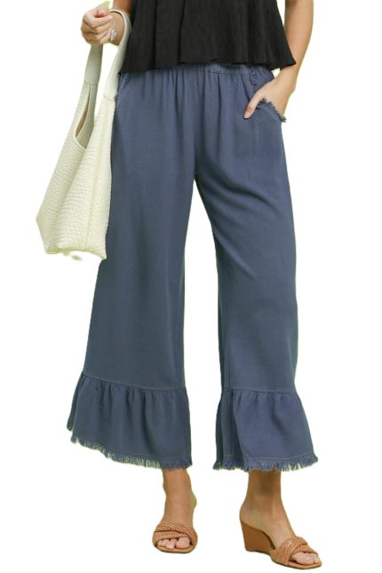 Linen Frayed Hem Ruffle Wide Leg Pants