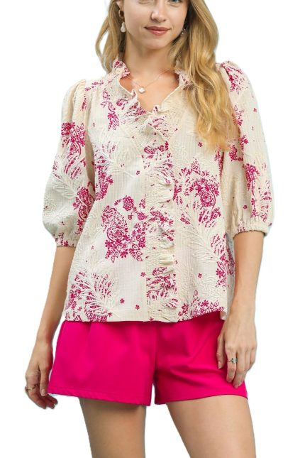 Floral Embroidered Blouse With Ruffle Trim