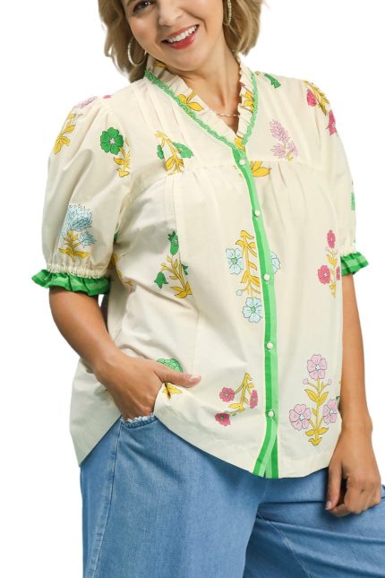 Plus Petal Parade Print Button-down Blouse