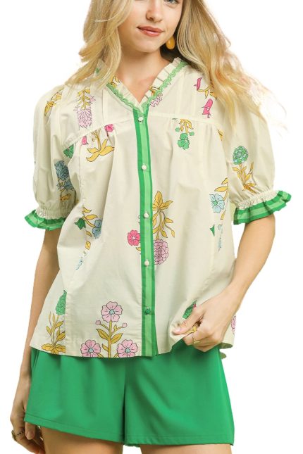 Petal Parade Print Button-down Blouse