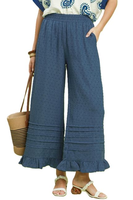 Textured Wide Leg Pants With Ruffle Hem