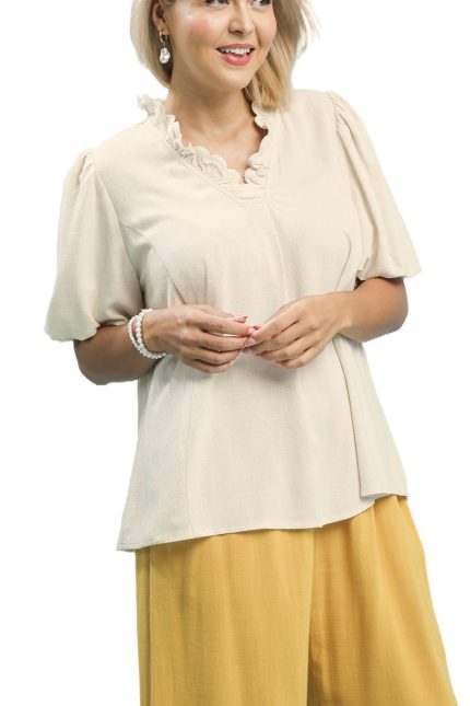 Plus Linen Scallop Trim V-neck Top