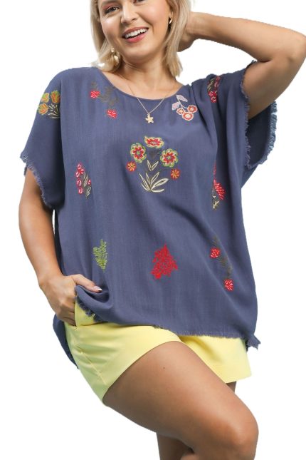 Plus Linen Blend Embroidered Frayed Hem Top