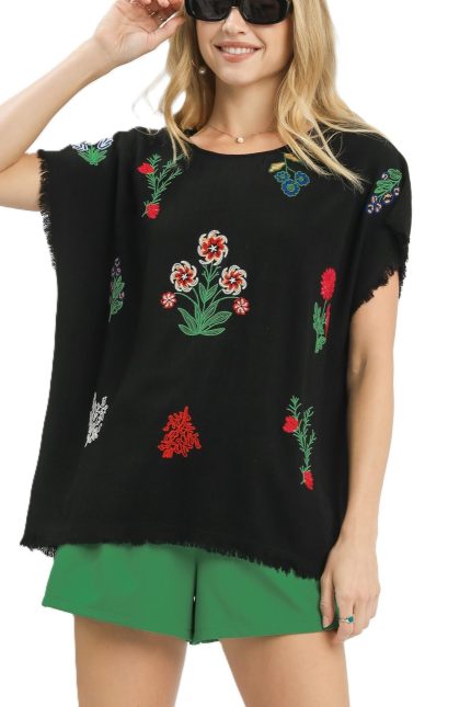 Linen Blend Embroidered Frayed Hem Top
