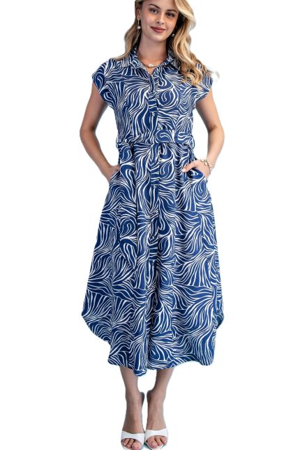Marbled Print Button Down Midi Dress