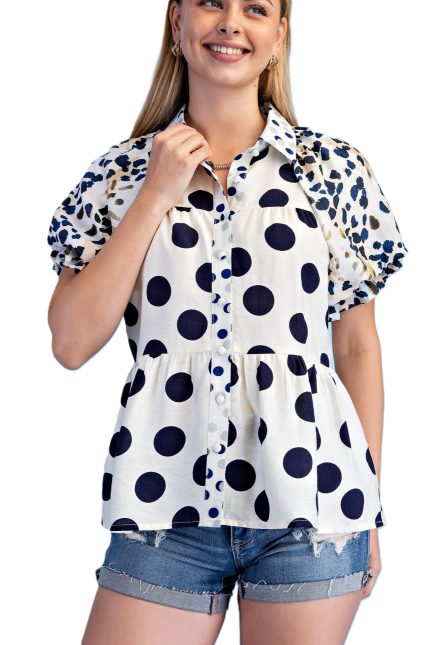 Polka-dot Mixed Print Button Down Tiered Blouse