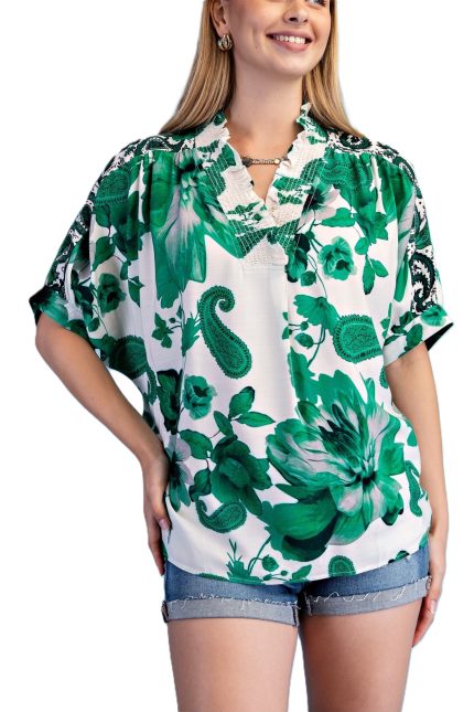 Floral Paisley Print V-neck Dolman Sleeve Top