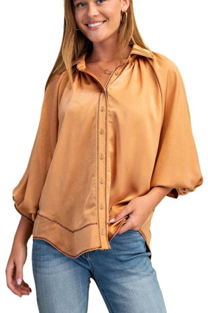Satin Balloon Sleeve Button Down Blouse