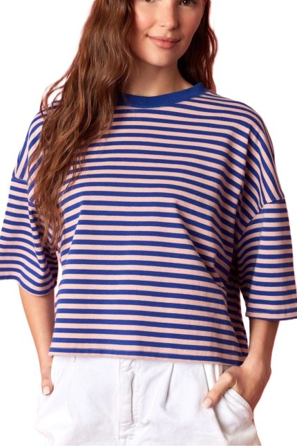 Thin Stripe Short Sleeve Crop Oversized Round Neck Top