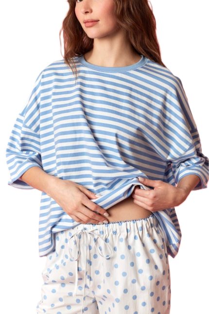 Striped Round Neck Solid Band Crop Oversized Tee