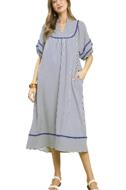 Striped Puff Sleeve Midi Dress