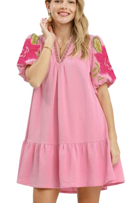 Floral Embroidered Textured Jacquard Dress