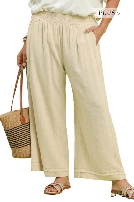 Plus Linen Elastic Waist Wide Leg Pants