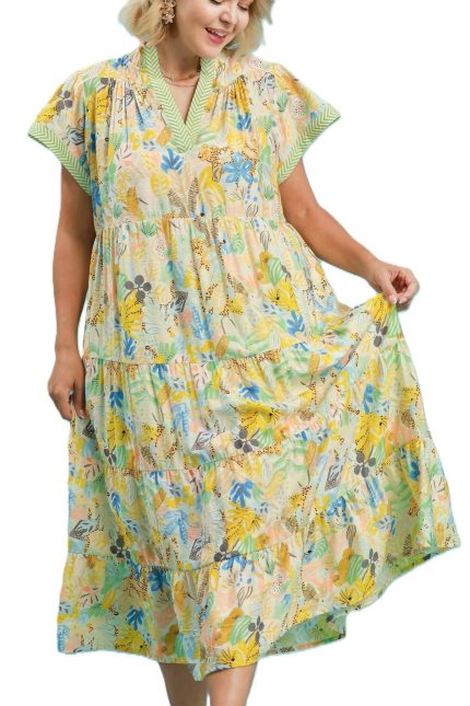 Plus Mix Tropical Print Tiered Midi Dress