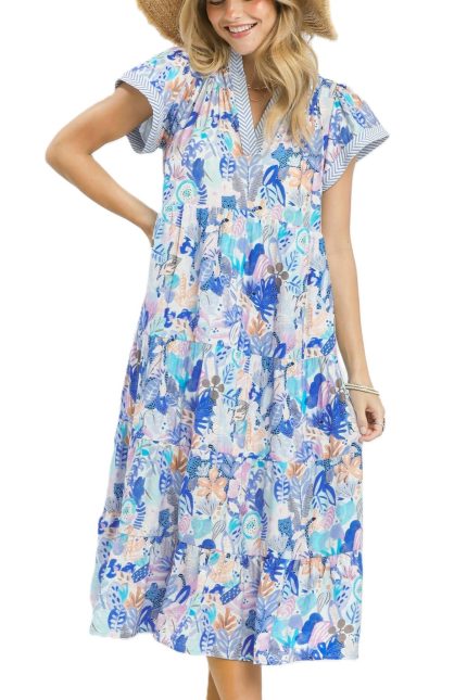 Mix Tropical Print Tiered Midi Dress