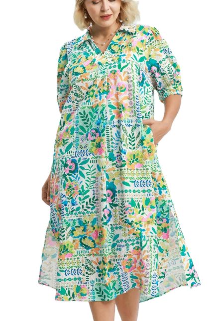 Plus Folk Print Midi Dress