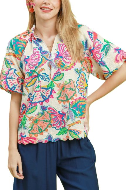 Mix Floral Print Scallop Hem Blouse