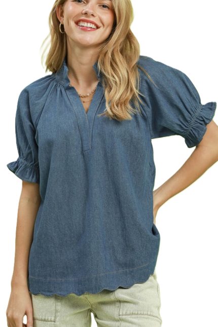 Chambray Puff Sleeve Scallop Hem Blouse
