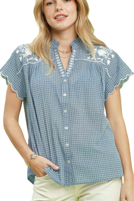 Scallop Sleeve Button Front Blouse