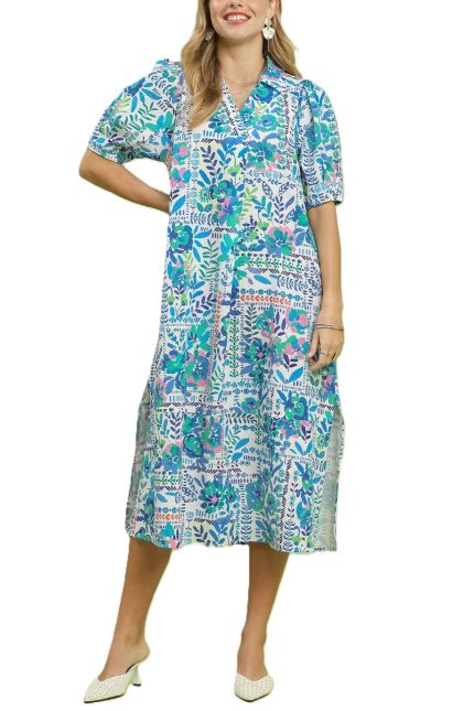 Folk Print Midi Dress
