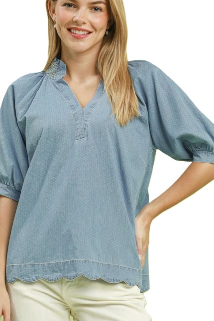 Textured Puff Sleeve Scallop Hem Blouse