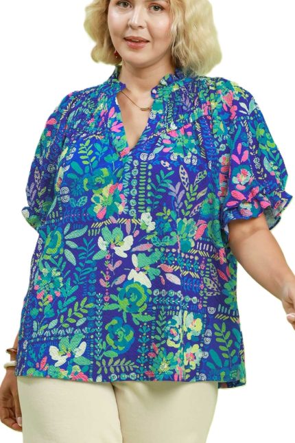 Plus Botanical Print Flutter Sleeve Blouse