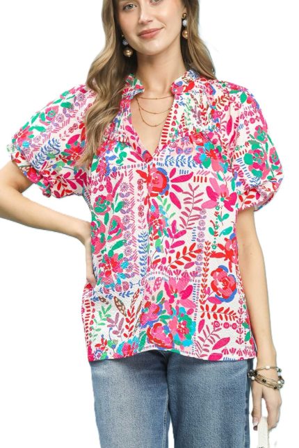 Botanical Print Flutter Sleeve Blouse