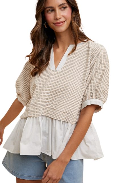 Mix Media Volum Sleeve Check Textured Knit Top