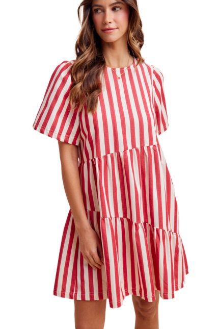 Striped Denim Asymmetrical Tiered Dress